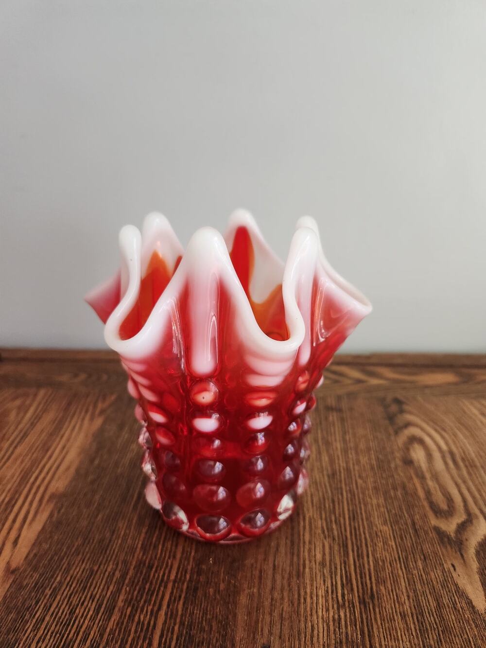 Vtg Fenton Opalescent Cranberry Fluted top Vase 6.5"T Pre 1970 Unmarked